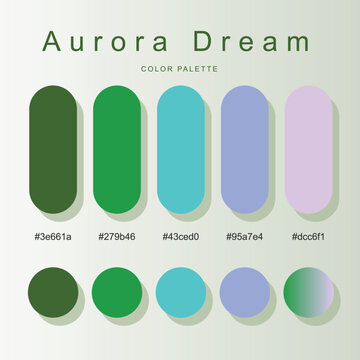 Aurora Dream color palette poster with green, aqua, lavender, and purple rounded capsule and circular swatches, hex codes, for branding and UI design.