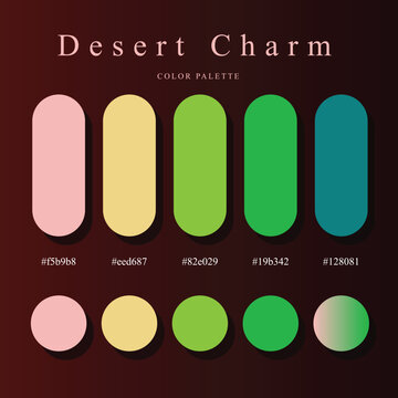 Desert Charm color palette poster with pink, yellow, green, teal swatches, hex codes, asymmetrical layered design for branding, web design.