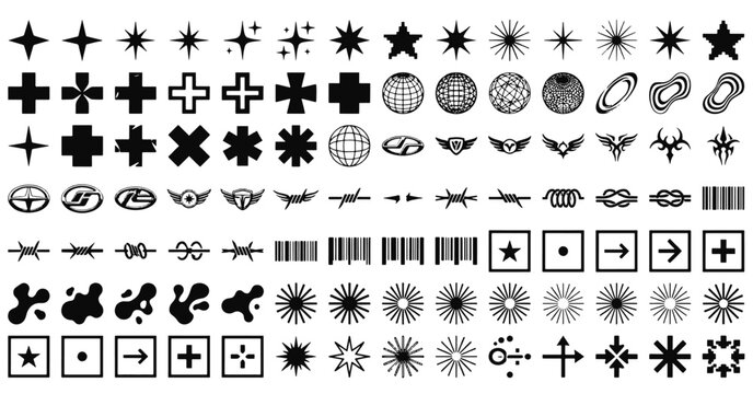 PrintY2K retro futuristic geometric shapes brutalist starburst cross globes barbed wire and abstract techno elements isolated vector illustration