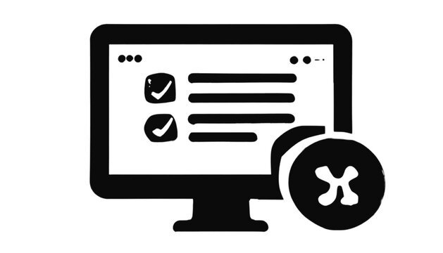 Computer monitor displays a digital task list with checkmarks next to a prominent error icon to illustrate software troubleshooting and interface management in a modern technical workspace setting.