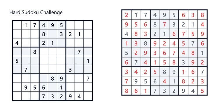 hard Classic Sudoku puzzle grid with solutions and numbers in red and black  
