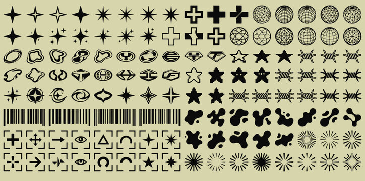 Y2K aesthetic graphic design element set featuring chrome stars brutalist shapes grids barcodes and organic acid blobs vector illustration
