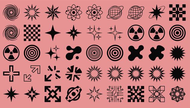 Y2K aesthetic geometric shape shapes retro futuristic icons set cyber acid graphic design elements tech brutalist abstract vector illustration