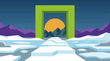 Minimalist arctic landscape with green archway, orange sun, and ice path © Hexaview