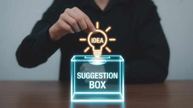 Hand putting a glowing light bulb icon labeled IDEA into a luminous suggestion box on a wooden table, representing creativity and innovation.