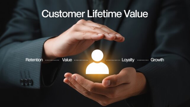 Hands protecting a glowing customer icon with "Customer Lifetime Value" text, illustrating retention, value, loyalty, and growth concepts.