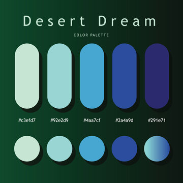 Desert Dream modern color palette poster with light mint, aqua, and deep blue capsule and circular swatches, visible hex codes, and smooth color blending for branding and web design