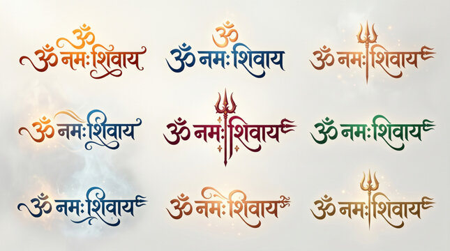 Colorful Om Namah Shivaya typography collection with sacred Shiva symbols for spiritual branding artwork