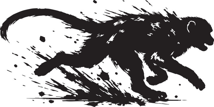 A black and white silhouette of monkey in dynamic ink splash style vector with transparent background 