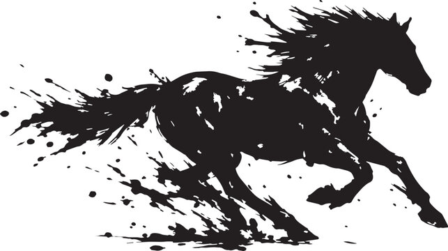 A black and white silhouette of running horse in dynamic ink splash style vector with transparent background 