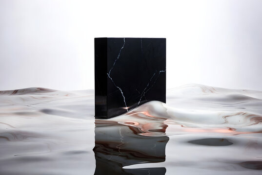 Black Marble Monolith Abstract Background in Reflective Fluid, 3x2 Copy Space