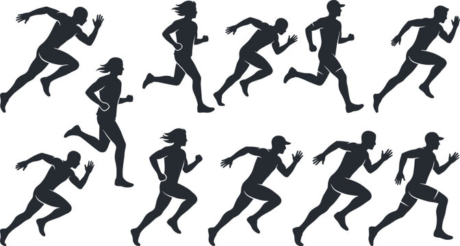 Collection of running people silhouettes featuring diverse male and female athletes practicing sprinting marathon and fitness sports set