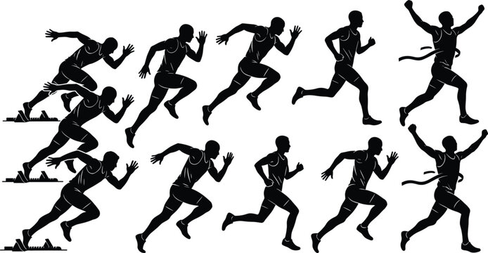 Collection of sprinting runner silhouettes featuring male athletes starting race running and crossing finish line ribbon set