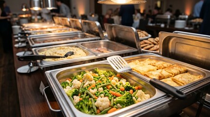 Obraz premium Variety of food on display at a buffet with salad, vegetables, meat, bread, and utensils in a restaurant setting with people