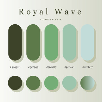 Royal Wave Muted Green Color Palette featuring capsule and circular swatches, visible hex codes, soft shadows, and a subtle gradient background for branding and UI design.