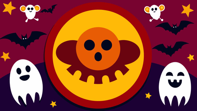 Halloween background with cute ghosts, flying bats, stars, and abstract monster face in a circle. Great for horror night party invitations, banner headers, and festive card design.