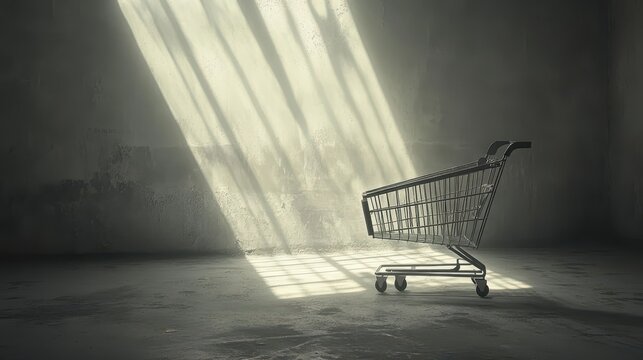 An empty shopping cart positioned on a concrete floor with dramatic light and shadow patterns on a wall