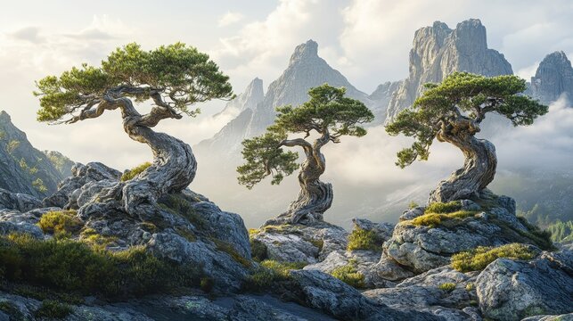 Ancient gnarled trees stand majestically on rocky mountain terrain under serene light and clouds
