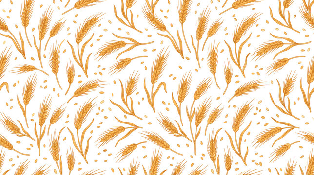 Seamless Wheat Pattern with Hand Drawn Golden Grain Ears and Barley Seeds for Bakery Packaging Agriculture Backgrounds and Brewery Textile Surface Designs Vector Illustration