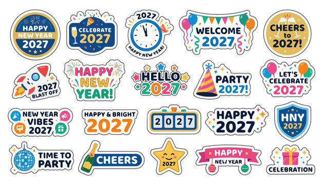 Happy new year 2027 vector sticker set festive badges and labels for celebrations party time lets celebrate disco ball champagne glasses celebration greeting illustration
