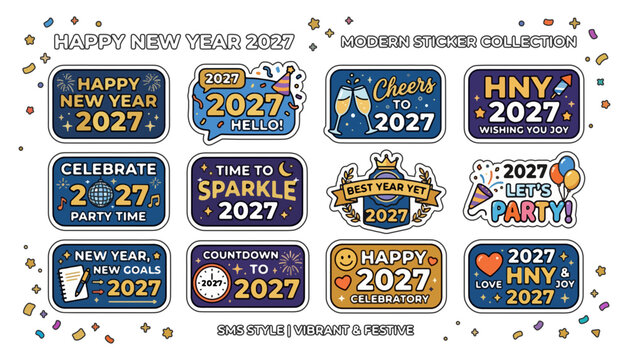 Happy new year 2027 modern sticker collection festive badges for celebrations party time lets celebrate disco ball champagne glasses celebration greeting illustration
