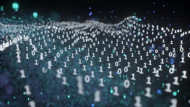 Glowing binary digits forming a dynamic data pattern in abstract style on dark background, concept of digital technology