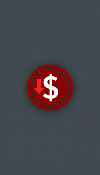 Red circle with white dollar sign and red arrow pointing down, symbolizing financial decrease or price drop, suitable for economic concepts.