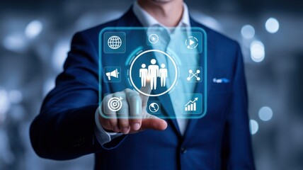 Naklejka premium Man in a suit points to a digital interface with icons representing business, teamwork, and success metrics.