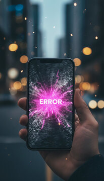 Hand holding phone displaying "ERROR" with pink lightning burst on screen, city bokeh background, symbolizing digital failure or system crash.