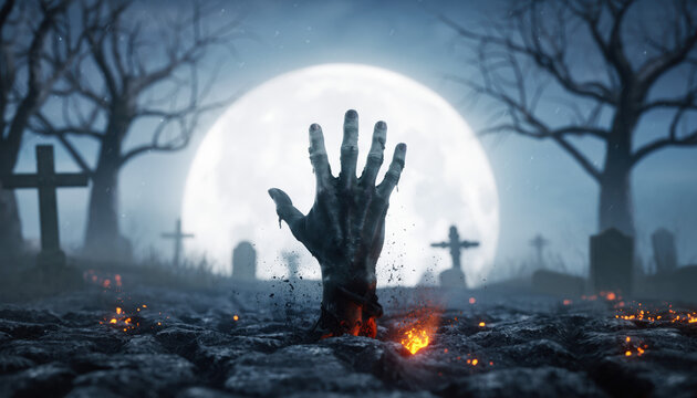 Hand rises from grave in a spooky cemetery under a full moon at night
