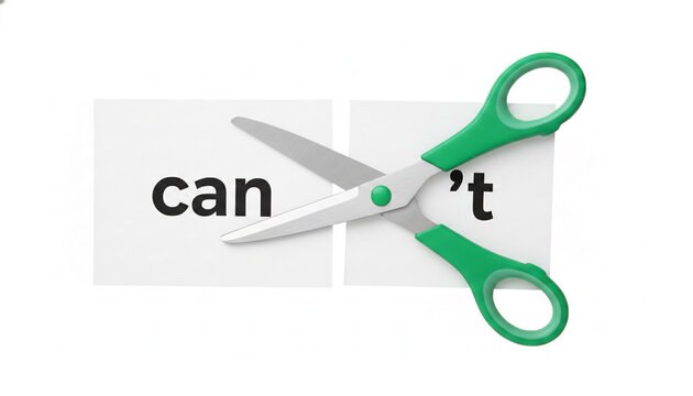 Green scissors cutting paper with the word "can't" into "can" and "t", symbolizing the concept of overcoming impossibility and achieving goals, representing potential and opportunity