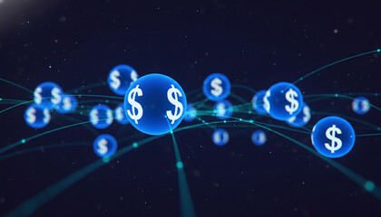 Fototapeta premium Abstract blue spheres with dollar signs connected by luminous lines, symbolizing financial network and digital currency, representing global commerce and abstract wealth.