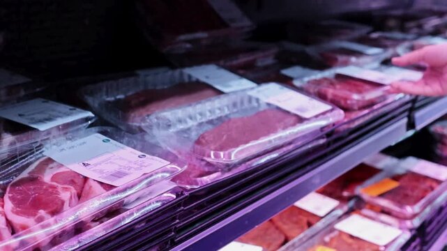 Customer hand picking up packaged raw lamb meat from a supermarket refrigerator shelf
