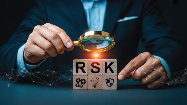 Businessman holding magnifying glass over RSK wooden blocks with icons for risk management, strategy, and security on a dark digital background.