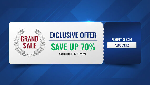 Grand sale offer with 70% off, exclusive deal and redemption code, symbolizing savings and a great opportunity.