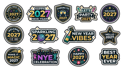 Naklejka premium New year 2027 sticker set with fireworks dancing figures celebratory messages party time midnight countdown good vibes great year celebration fireworks greeting illustration 