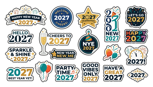 Assortment of new year 2027 vector stickers with champagne balloons greetings party time midnight countdown good vibes great year celebration champagne balloons greeting seasonal
