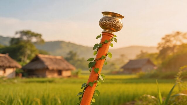 Traditional pole with ornate pot in rice field