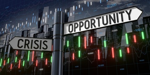 Crisis or opportunity - signpost with two arrows and financial data - 3D illustration © PX Media