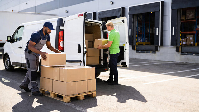 Workers unload boxes from delivery van at warehouse loading dock during busy daytime hours