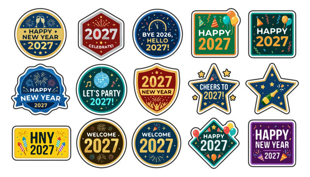 Assortment of new year 2027 badges stickers labels with diverse festive designs party time let s party celebration greeting illustration new beginnings welcome 2027 champagne
