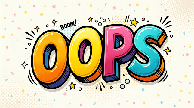 Vibrant and Playful Oops Text Illustration with Comic Book Style, Featuring Energetic Confetti, Stars, and a Dynamic 'Boom!' Element for Unexpected Moments
