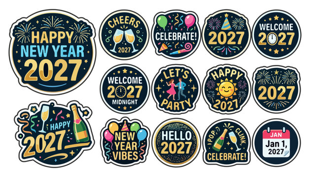Collection of new year 2027 badges and stickers featuring celebratory messages and icons party time let s party celebration greeting illustration new beginnings welcome 2027 calendar
