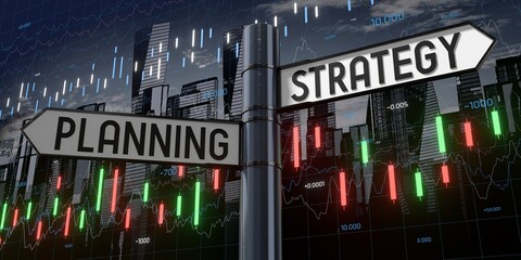 Planning or strategy - signpost with two arrows and financial data - 3D illustration © PX Media