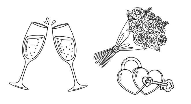 Champagne glasses, rose bouquet, and heart lock with key isolated on a transparent background