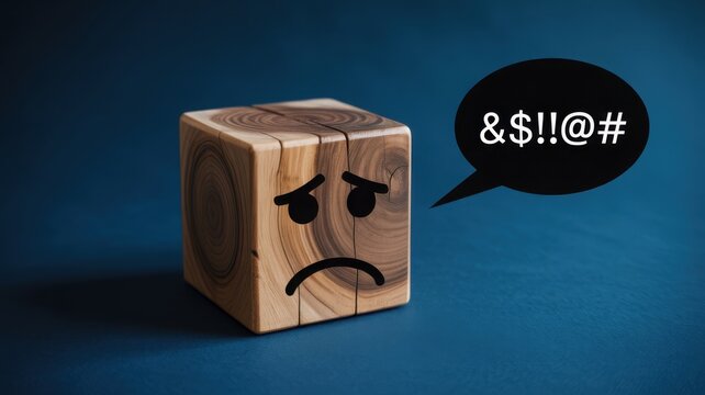 Angry wooden block character with cursing symbols in speech bubble on blue background