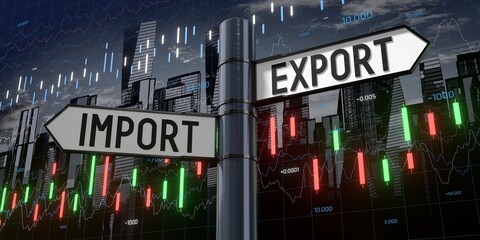 Import and export - signpost with two arrows and financial data - 3D illustration © PX Media
