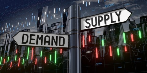 Demand and supply - signpost with two arrows and financial data - 3D illustration © PX Media