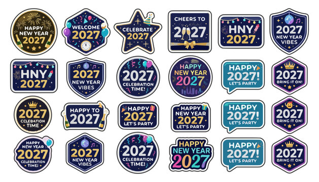 Assortment of new year 2027 greeting stickers and badges featuring festive designs bring it on lets party disco ball good luck greeting celebration collection illustration celebrate
