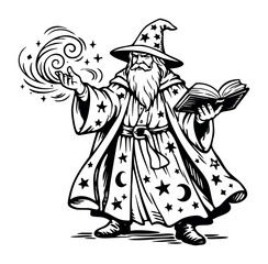 Obraz premium Wizard character casting magic from his hand, holding an open spellbook, a symbol of fantasy, enchantment, and sorcery